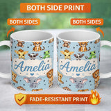 Personalized Custom Name Cute Jungle Baby Animals Lion Tiger Elephant Giraffe Pattern Blue 11oz Ceramic Coffee Tea Mug White Large Handle