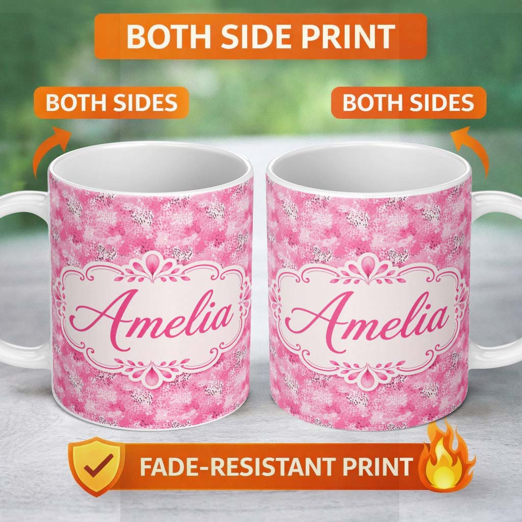 Personalized Custom Name Pink Watercolor Abstract Texture Seamless Pattern Artistic Lovely 11oz Ceramic Coffee Tea Mug White Large Handle