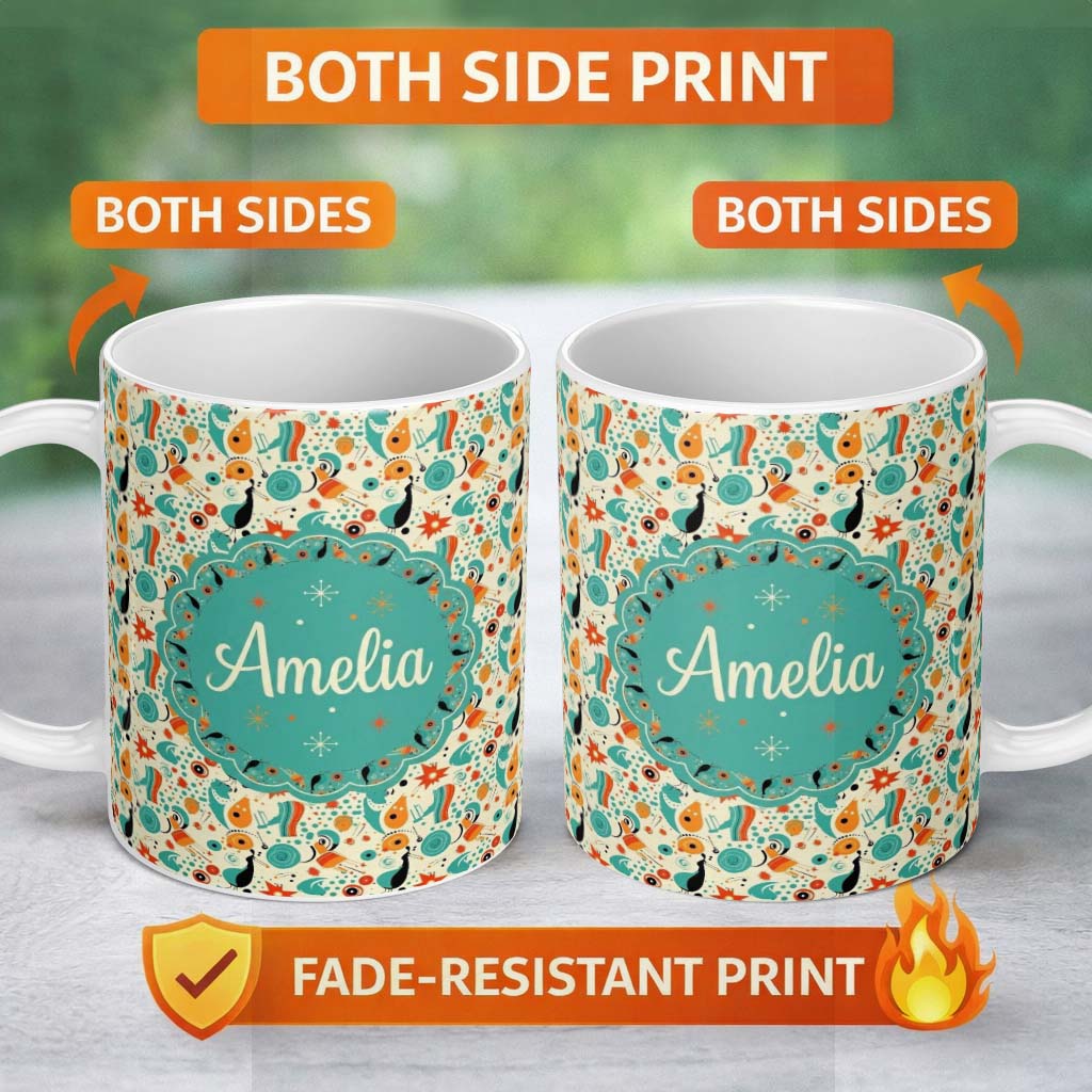 Personalized Custom Name Whimsical Abstract Birds and Shapes Teal Orange Mid Century Style 11oz Ceramic Coffee Tea Mug White Large Handle
