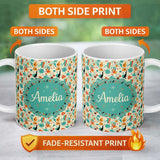 Personalized Custom Name Whimsical Abstract Birds and Shapes Teal Orange Mid Century Style 11oz Ceramic Coffee Tea Mug White Large Handle