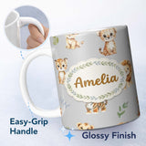 Personalized Custom Name Cute Baby Jungle Animals with Leaves on Light Grey Background Lovely 11oz Ceramic Coffee Tea Mug White Large Handle