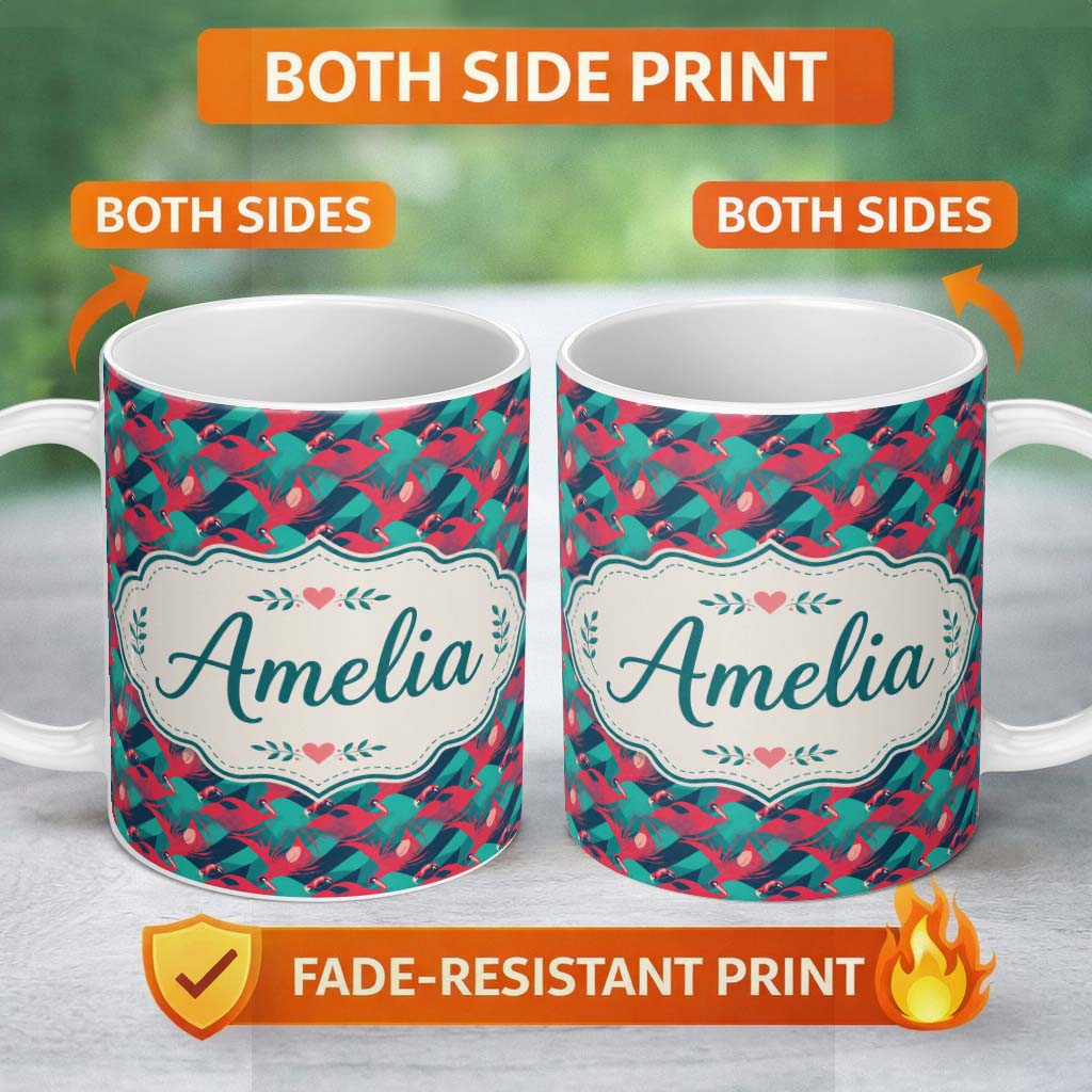 Personalized Custom Name Stylish Flamingo Birds with Geometric Tropical Background Seamless 11oz Ceramic Coffee Tea Mug White Large Handle