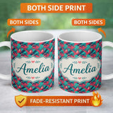 Personalized Custom Name Stylish Flamingo Birds with Geometric Tropical Background Seamless 11oz Ceramic Coffee Tea Mug White Large Handle