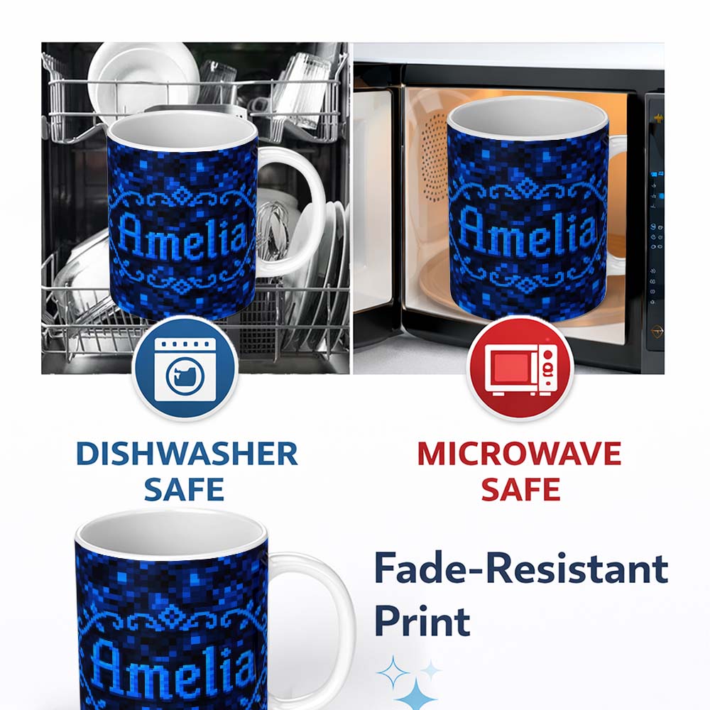 Personalized Custom Name Dark Blue Pixel Texture Abstract Seamless  Cute Unique Gift 11oz Ceramic Coffee Tea Mug White Large Handle