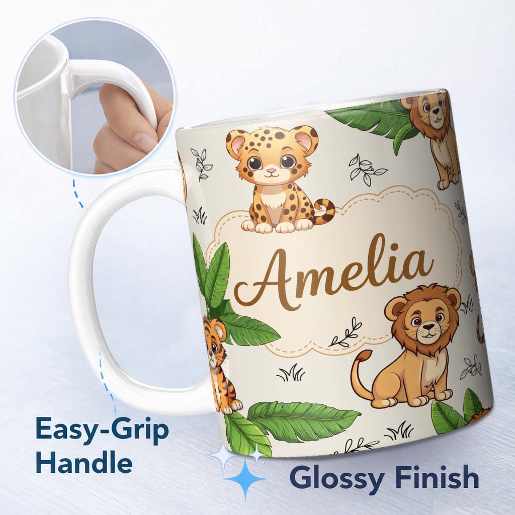 Personalized Custom Name Cute Jungle Animals Lion Tiger Leopard Neutral Background Tropical 11oz Ceramic Coffee Tea Mug White Large Handle
