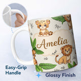 Personalized Custom Name Cute Jungle Animals Lion Tiger Leopard Neutral Background Tropical 11oz Ceramic Coffee Tea Mug White Large Handle