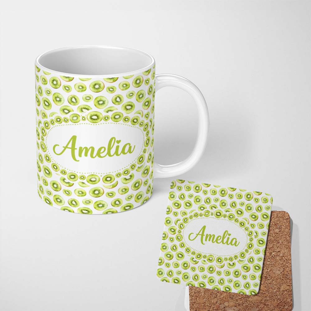 Personalized Custom Name Fresh Kiwi Slice Repeating Seamless Pattern on Light Background 11oz Ceramic Coffee Tea Mug White Large Handle