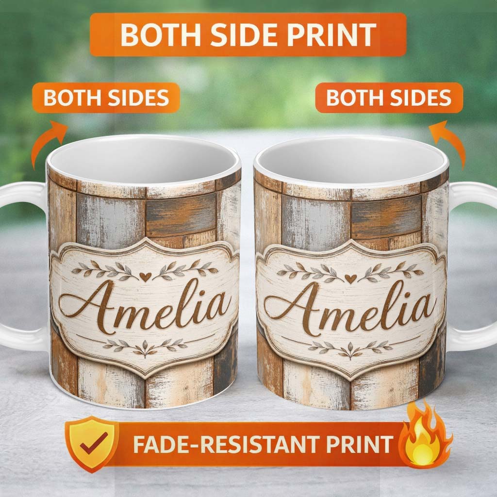 Personalized Custom Name Vintage Mixed Wood Panel Patchwork Rustic Seamless Pattern Lovely 11oz Ceramic Coffee Tea Mug White Large Handle