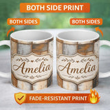 Personalized Custom Name Vintage Mixed Wood Panel Patchwork Rustic Seamless Pattern Lovely 11oz Ceramic Coffee Tea Mug White Large Handle