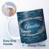 Personalized Custom Name Deep Ocean Whale Seamless Pattern Blue Marine Animal Design Lovely 11oz Ceramic Coffee Tea Mug White Large Handle