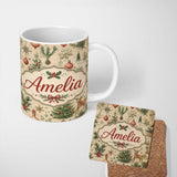 Personalized Custom Name Vintage Christmas Reindeer Tree Ornament Woodland Seamless Pattern 11oz Ceramic Coffee Tea Mug White Large Handle