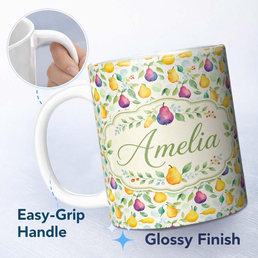 Personalized Custom Name Soft Watercolor Pear and Leaves Botanical Seamless Pattern Lovely 11oz Ceramic Coffee Tea Mug White Large Handle