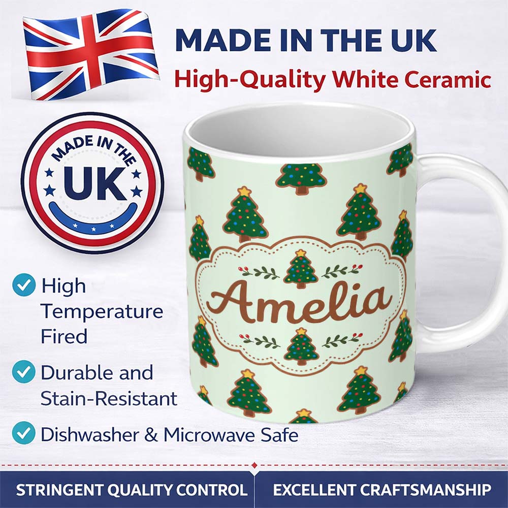 Personalized Custom Name Cute Christmas Tree Cookies with Colorful Lights Seamless Pattern 11oz Ceramic Coffee Tea Mug White Large Handle