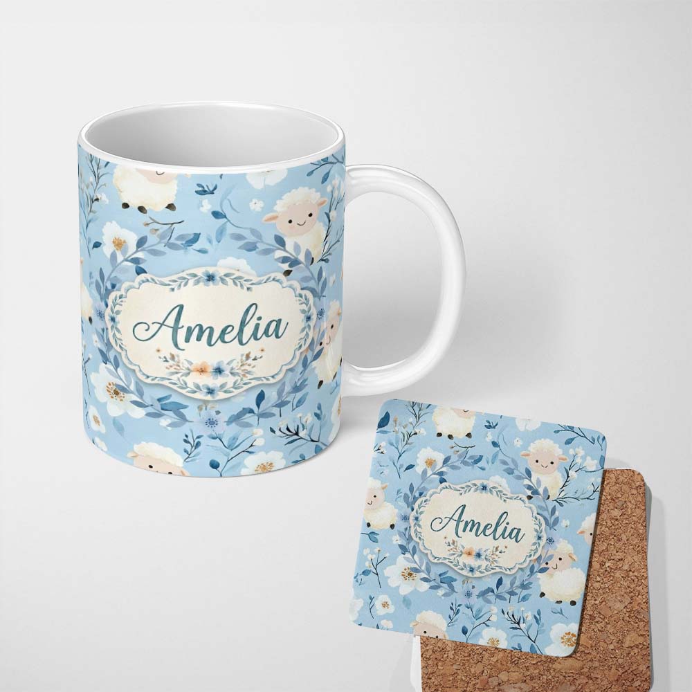 Personalized Custom Name Cute Baby Sheep Lambs with Blue Floral Background Seamless Pattern 11oz Ceramic Coffee Tea Mug White Large Handle