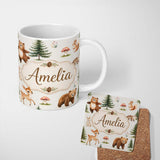 Personalized Custom Name Cute Woodland Forest Animals Bear Bunny Deer on Soft Neutral Lovely 11oz Ceramic Coffee Tea Mug White Large Handle
