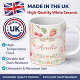Personalized Custom Name Strawberry Cherry Bow Seamless Pattern Cute Pastel Coquette Design 11oz Ceramic Coffee Tea Mug White Large Handle