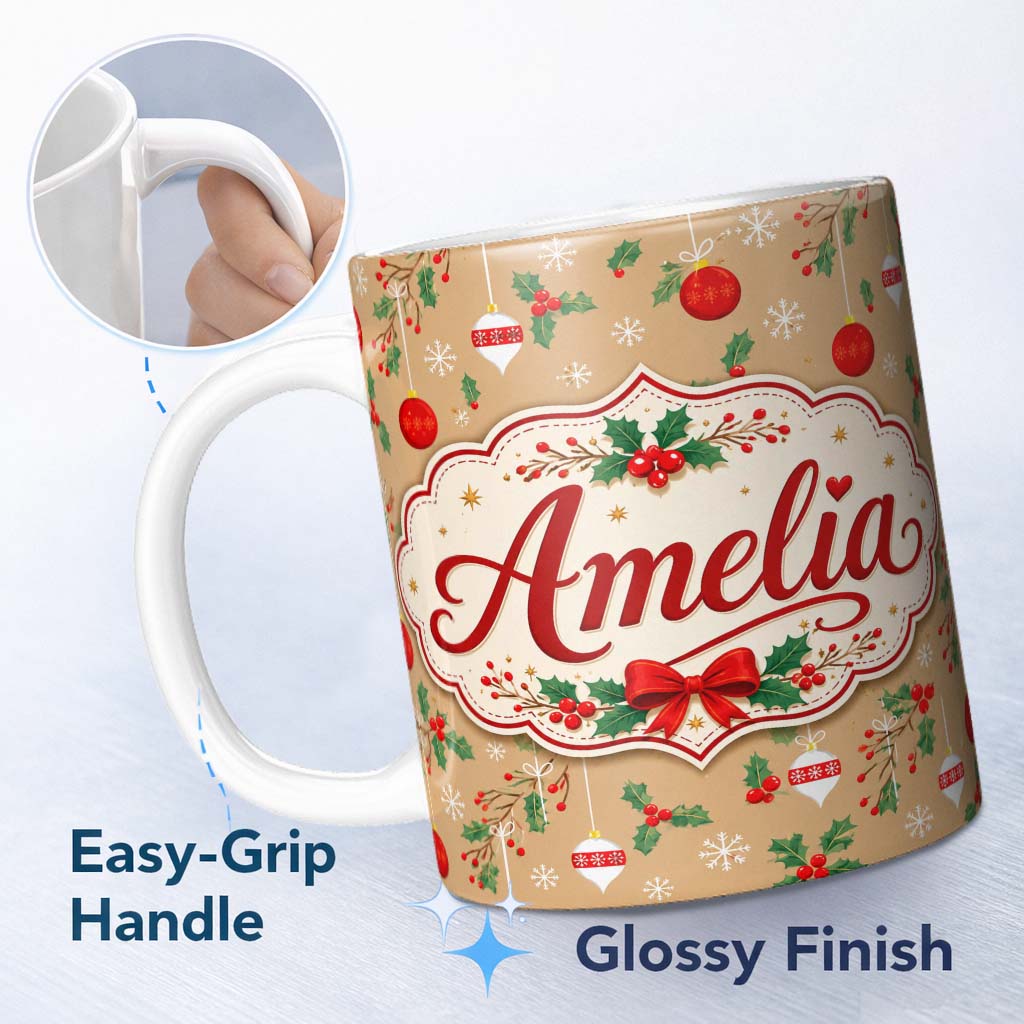 Personalized Custom Name Christmas Hanging Baubles Holly Branches Festive Holiday Design 11oz Ceramic Coffee Tea Mug White Large Handle