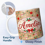 Personalized Custom Name Christmas Hanging Baubles Holly Branches Festive Holiday Design 11oz Ceramic Coffee Tea Mug White Large Handle