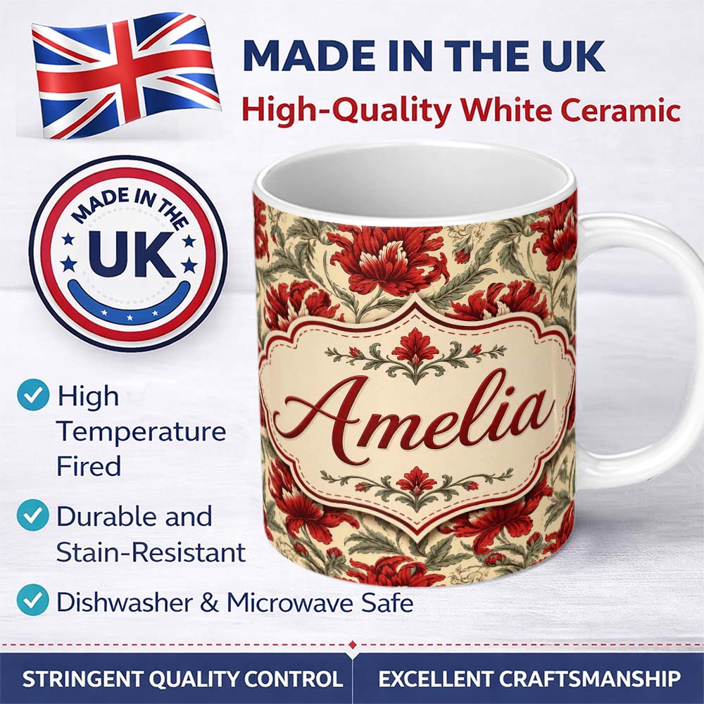 Personalized Custom Name Watercolor Red Botanical Leaves Seamless Pattern Cute Unique Gift 11oz Ceramic Coffee Tea Mug White Large Handle