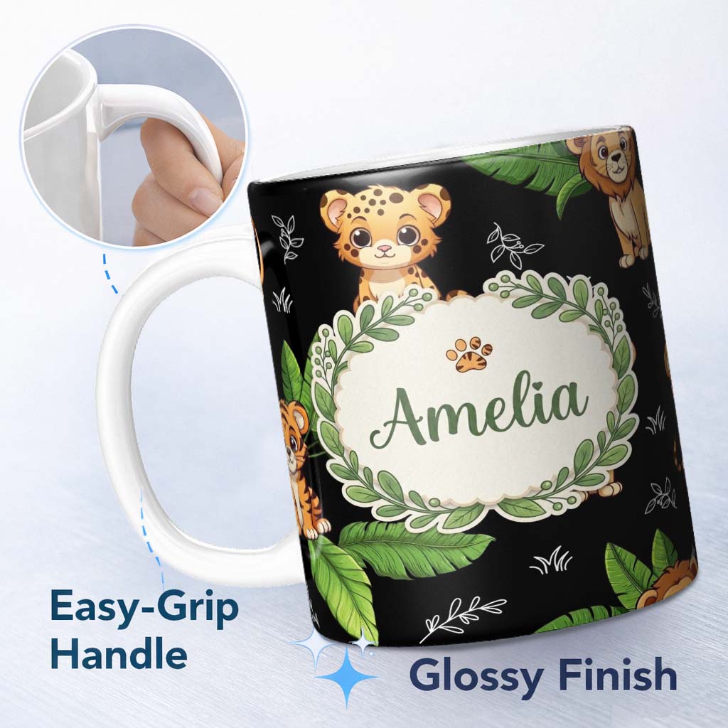 Personalized Custom Name Cute Jungle Animals Dark Background Seamless Pattern Lovely 11oz Ceramic Coffee Tea Mug White Large Handle