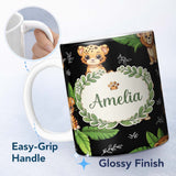 Personalized Custom Name Cute Jungle Animals Dark Background Seamless Pattern Lovely 11oz Ceramic Coffee Tea Mug White Large Handle