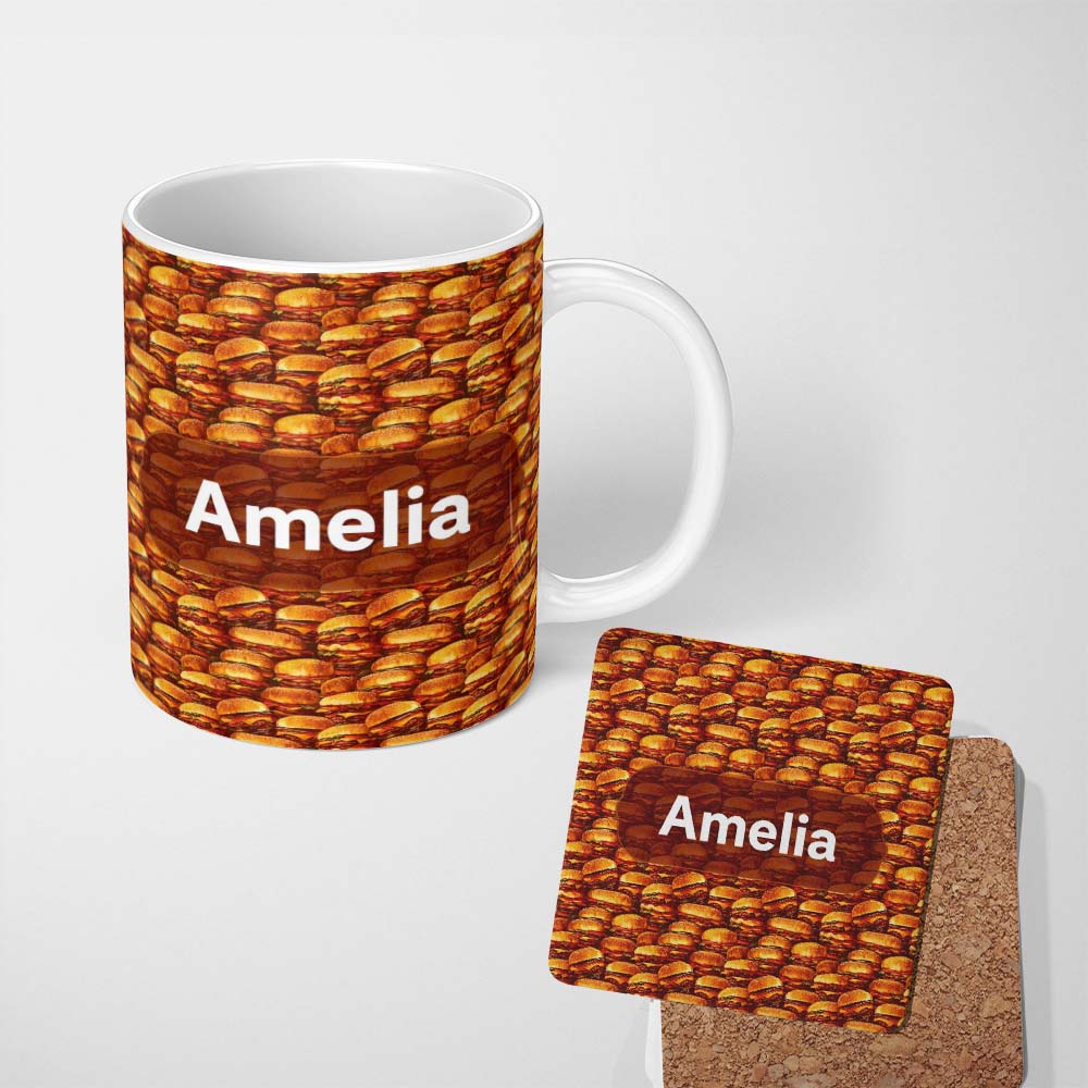Personalized Custom Name Dense Burger Stack Seamless Pattern Fast Food Snack Design Lovely 11oz Ceramic Coffee Tea Mug White Large Handle