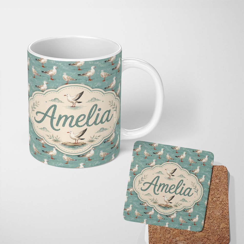 Personalized Custom Name Vintage Seagulls Standing on Textured Coastal Background Seamless 11oz Ceramic Coffee Tea Mug White Large Handle