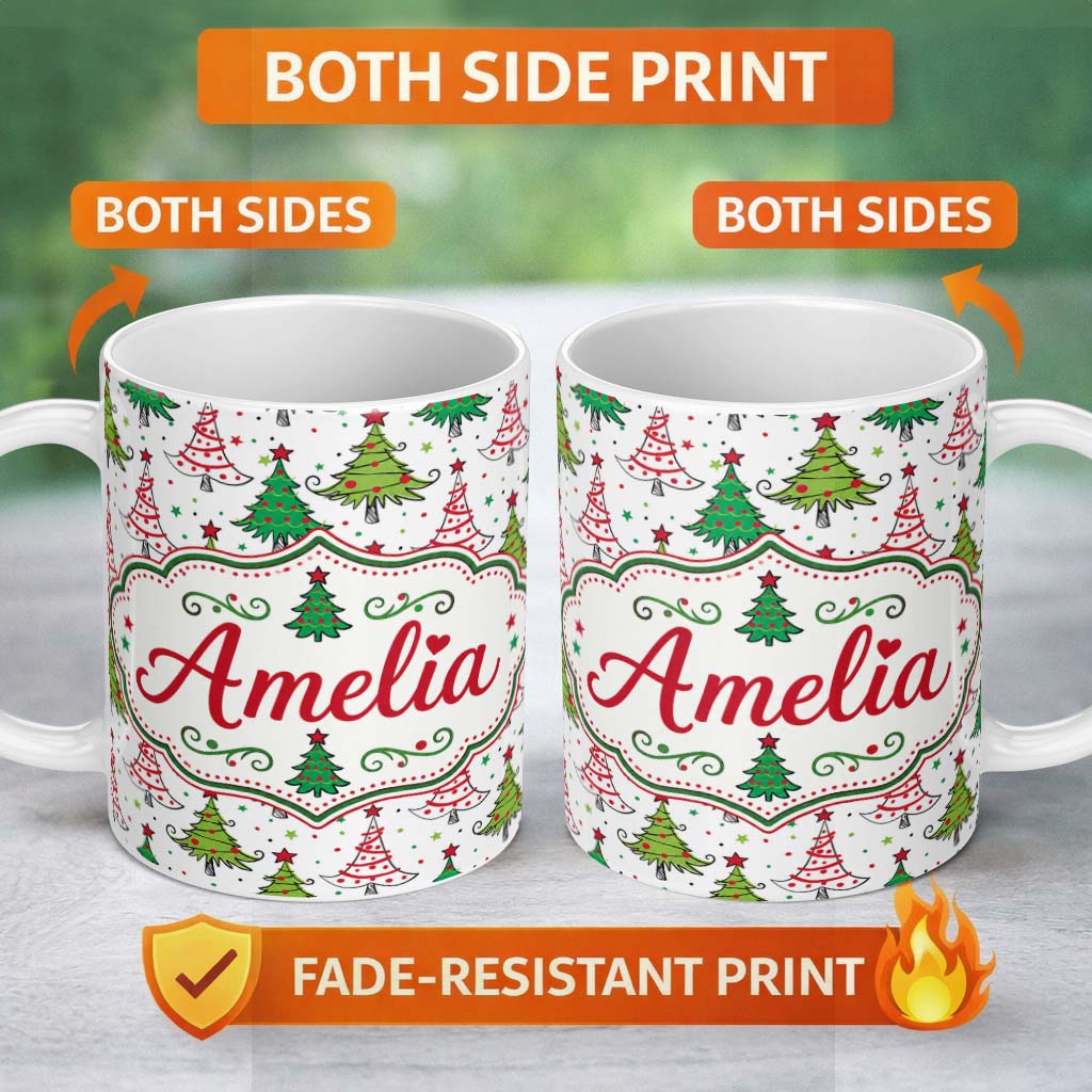 Personalized Custom Name Whimsical Christmas Trees with Red Green Patterns and Stars Seamless 11oz Ceramic Coffee Tea Mug White Large Handle