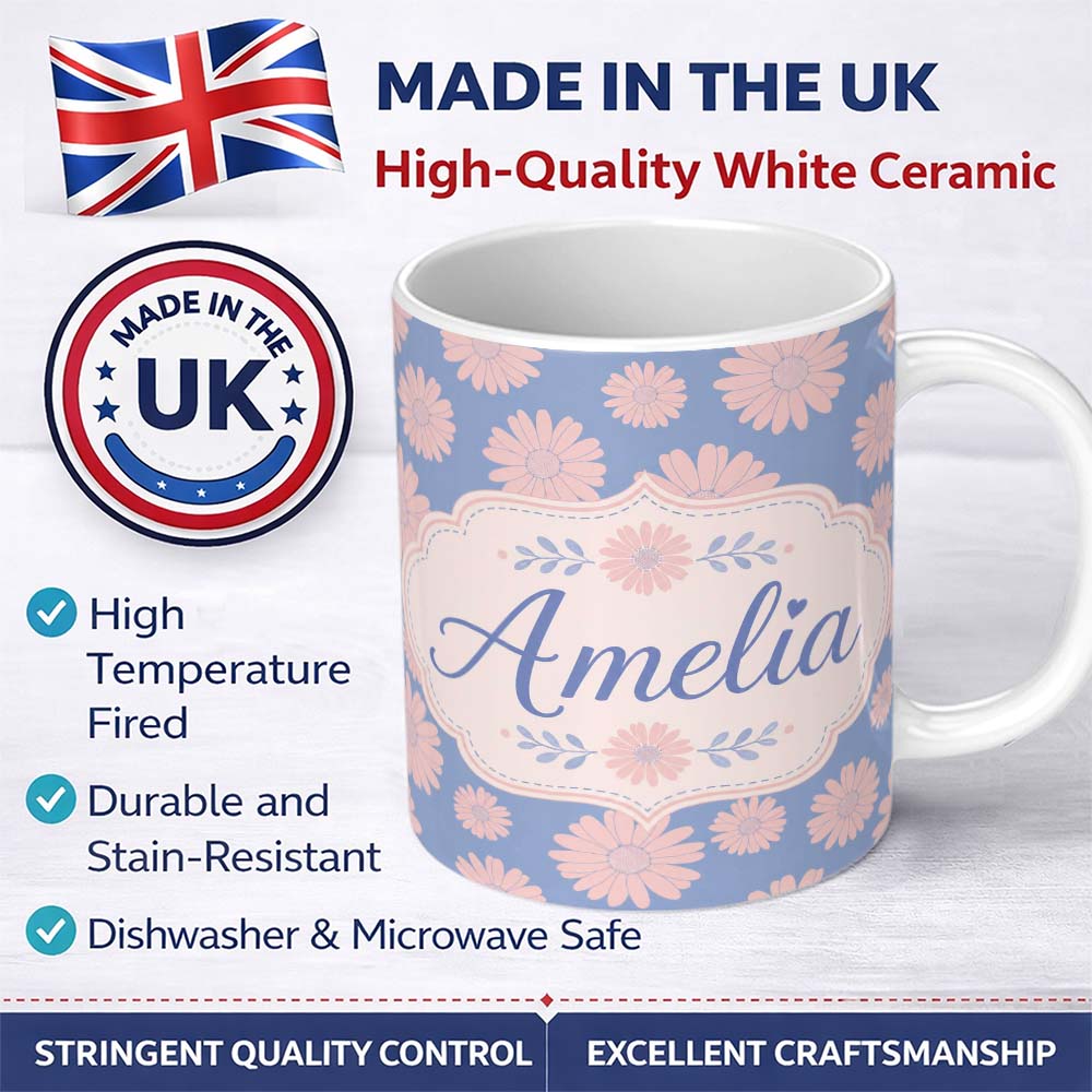Personalized Custom Name White Daisy Floral Pattern on Soft Blue Background Seamless Pattern 11oz Ceramic Coffee Tea Mug White Large Handle