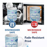 Personalized Custom Name Cute Dolphin Shark and Jellyfish Ocean Animals Seamless Pattern 11oz Ceramic Coffee Tea Mug White Large Handle