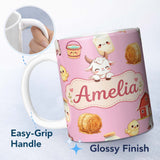 Personalized Custom Name Cute Farm Goat Barn Hay Bale Chick Milk Bucket Pink Background 11oz Ceramic Coffee Tea Mug White Large Handle