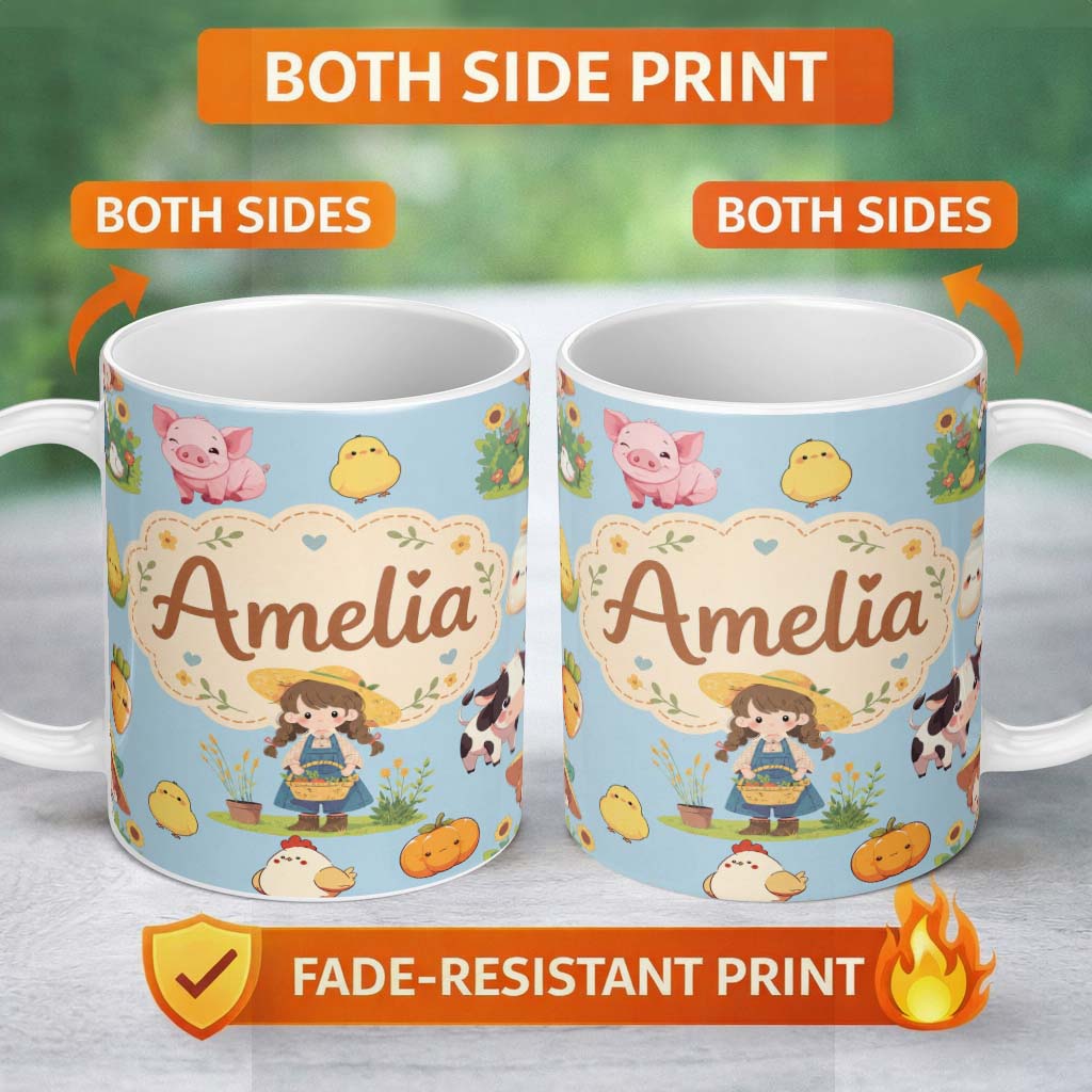 Personalized Custom Name Cute Farm Girl Animals Harvest Seamless Pattern Blue Background 11oz Ceramic Coffee Tea Mug White Large Handle
