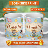 Personalized Custom Name Cute Farm Girl Animals Harvest Seamless Pattern Blue Background 11oz Ceramic Coffee Tea Mug White Large Handle