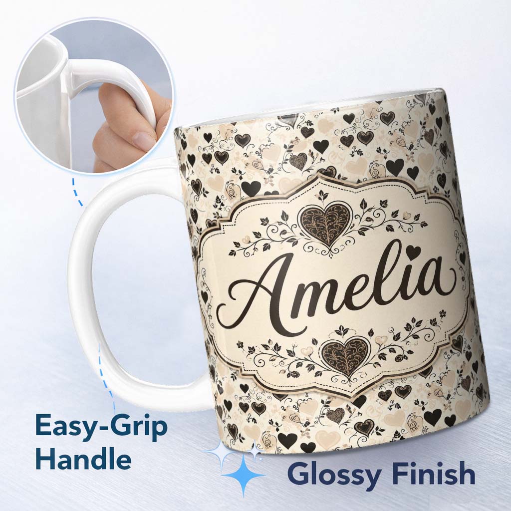Personalized Custom Name Vintage Beige and Brown Floral Heart Swirl Seamless Pattern Lovely 11oz Ceramic Coffee Tea Mug White Large Handle