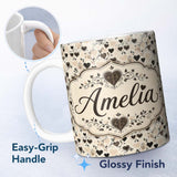 Personalized Custom Name Vintage Beige and Brown Floral Heart Swirl Seamless Pattern Lovely 11oz Ceramic Coffee Tea Mug White Large Handle