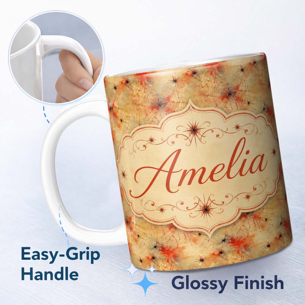 Personalized Custom Name Abstract Red Spider Web Grunge Texture Seamless Pattern Lovely 11oz Ceramic Coffee Tea Mug White Large Handle