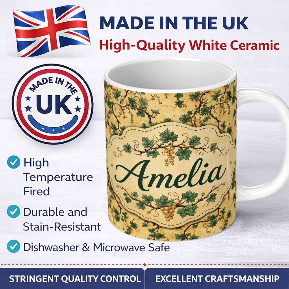 Personalized Custom Name Classic Vine Leaves and Berries Botanical Seamless Pattern Lovely 11oz Ceramic Coffee Tea Mug White Large Handle