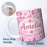 Personalized Custom Name Cute Pink Folk Art Christmas Pattern Seamless Pattern Lovely 11oz Ceramic Coffee Tea Mug White Large Handle