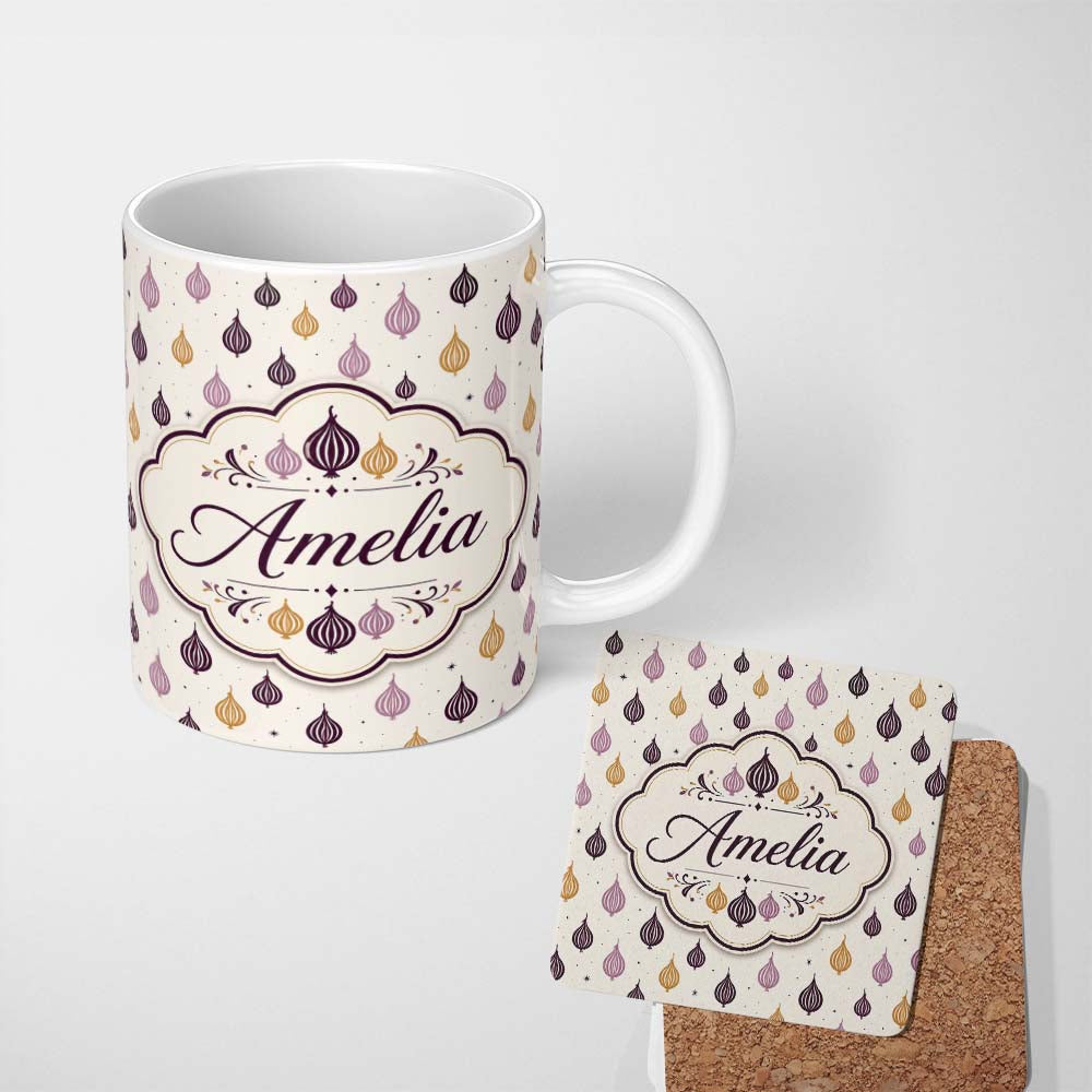 Personalized Custom Name Small Scale Onion Repeat Pattern Pastel and Mustard Tones Minimal 11oz Ceramic Coffee Tea Mug White Large Handle