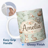 Personalized Custom Name Woodland Animals Koala Kangaroo Bear Floral Mint Green Seamless 11oz Ceramic Coffee Tea Mug White Large Handle