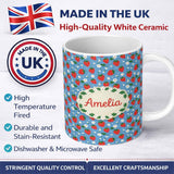 Personalized Custom Name Cute Simple Strawberries and Flowers on Blue Background Seamless 11oz Ceramic Coffee Tea Mug White Large Handle