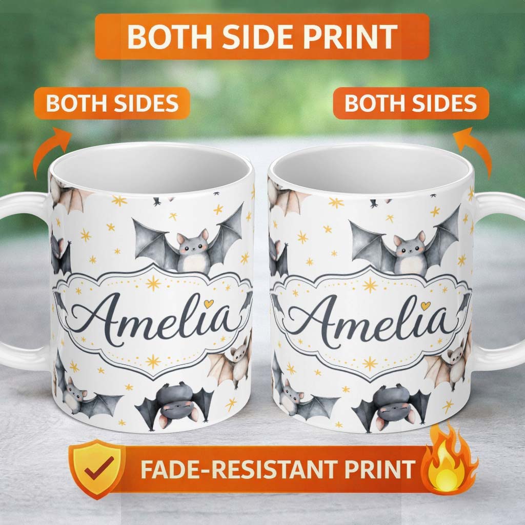 Personalized Custom Name Cute Watercolor Bats and Stars Seamless Pattern Warm Sand Background 11oz Ceramic Coffee Tea Mug White Large Handle