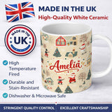 Personalized Custom Name Vintage Christmas Village Snowman Santa Winter Scene Seamless Lovely 11oz Ceramic Coffee Tea Mug White Large Handle