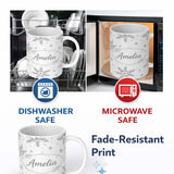 Personalized Custom Name Black Snowflake Sketch Pattern on White Seamless Cute Unique Gift 11oz Ceramic Coffee Tea Mug White Large Handle