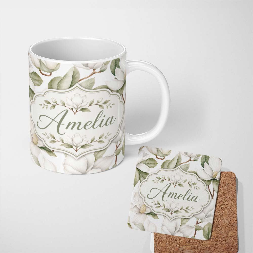 Personalized Custom Name Delicate Magnolia Bloom Pattern with Soft Botanical Leaves Seamless 11oz Ceramic Coffee Tea Mug White Large Handle