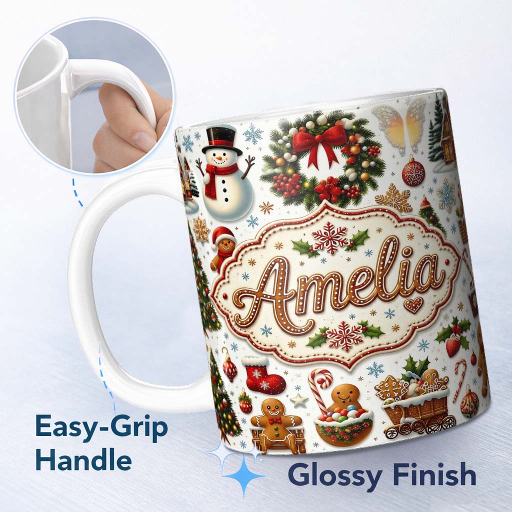 Personalized Custom Name Vintage Christmas Snowman Wreath Gingerbread Tree Seamless Pattern 11oz Ceramic Coffee Tea Mug White Large Handle