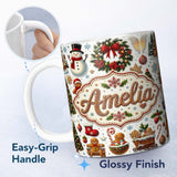 Personalized Custom Name Vintage Christmas Snowman Wreath Gingerbread Tree Seamless Pattern 11oz Ceramic Coffee Tea Mug White Large Handle
