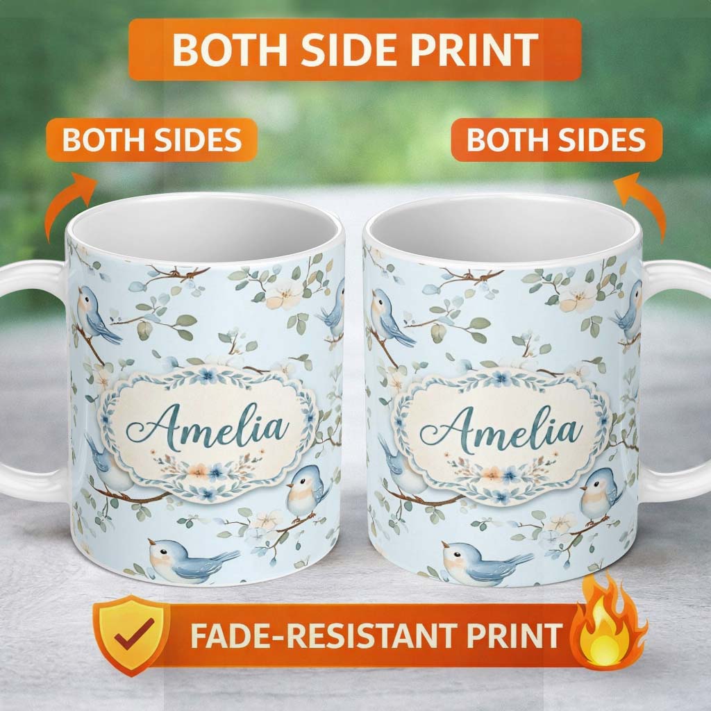 Personalized Custom Name Cute Blue Birds on Floral Branches Soft Background Seamless Pattern 11oz Ceramic Coffee Tea Mug White Large Handle