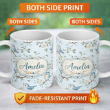 Personalized Custom Name Cute Blue Birds on Floral Branches Soft Background Seamless Pattern 11oz Ceramic Coffee Tea Mug White Large Handle