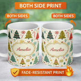Personalized Custom Name Whimsical Christmas Trees Candy Canes Snowflakes Holiday Seamless 11oz Ceramic Coffee Tea Mug White Large Handle